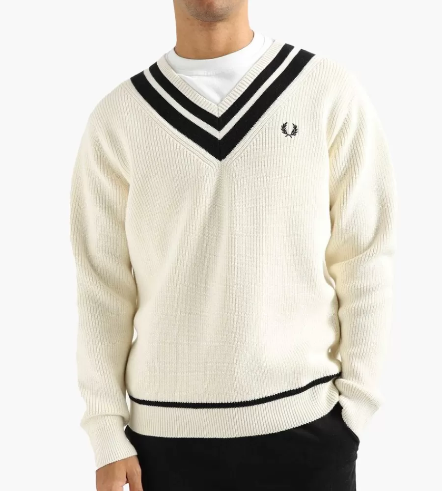 Tops^FRED PERRY Striped Trim V-Neck Jumper Ecru